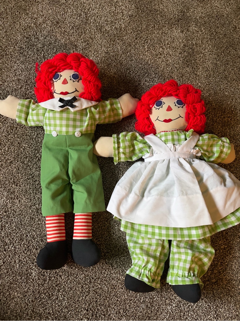 Vintage Handmade 16” Raggedy Ann & Raggedy Andy Dolls with Green Gingham Outfits